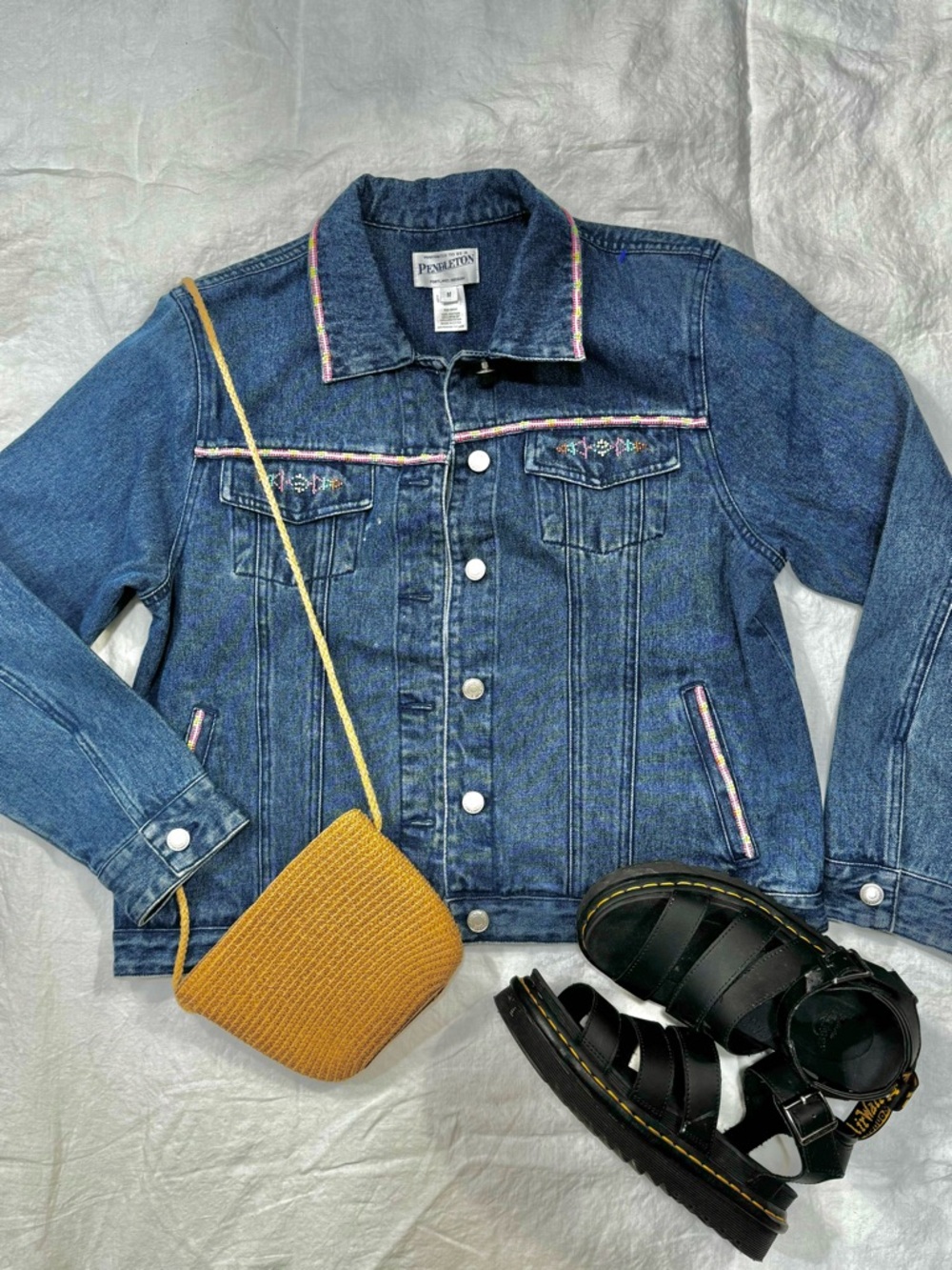 Pendleton Dark Blue Denim Jacket with Pink & Multicolor Embroidery size M
